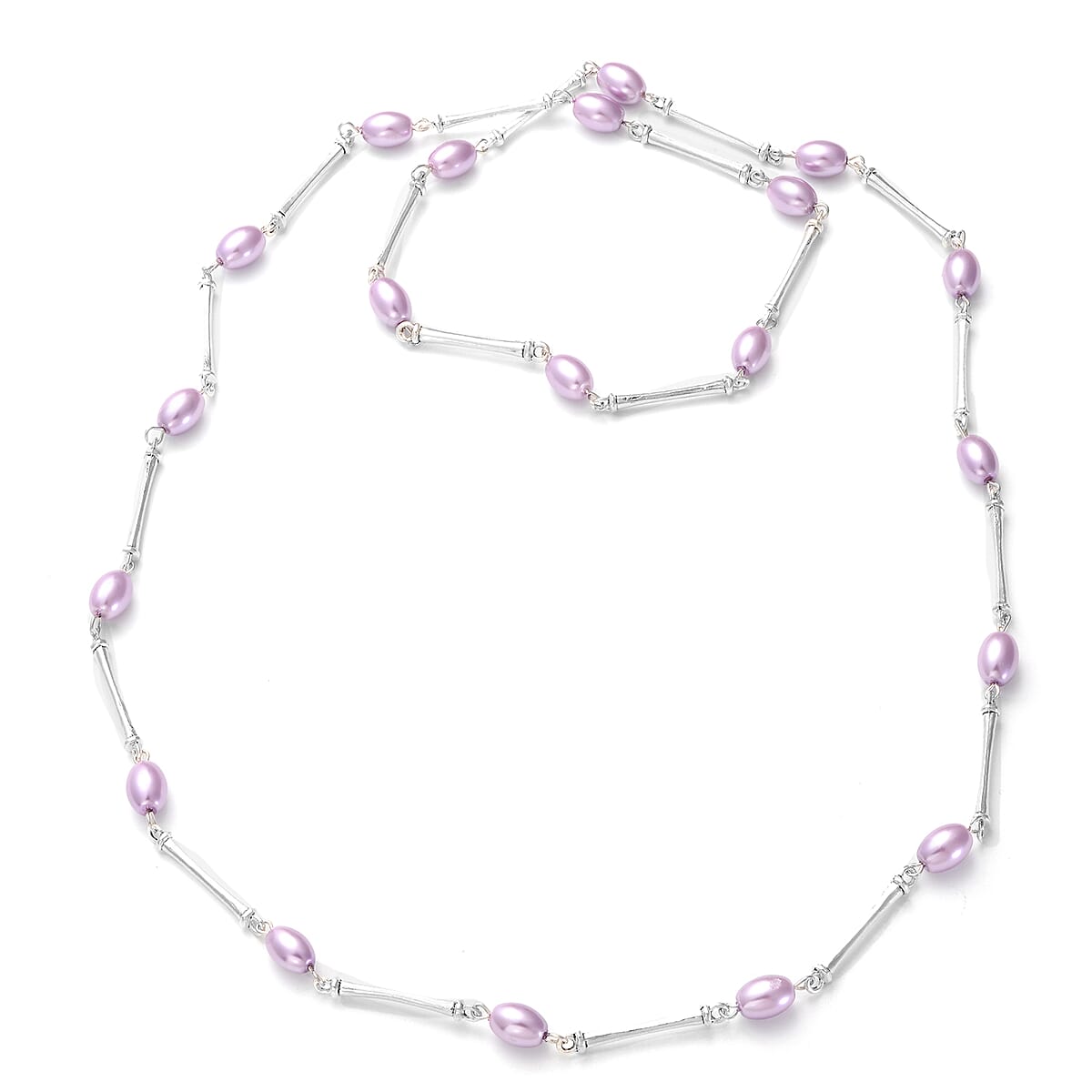 Simulated Lavender Color Pearl 7-9mm Necklace 38 Inches and Earrings in Stainless Steel image number 2