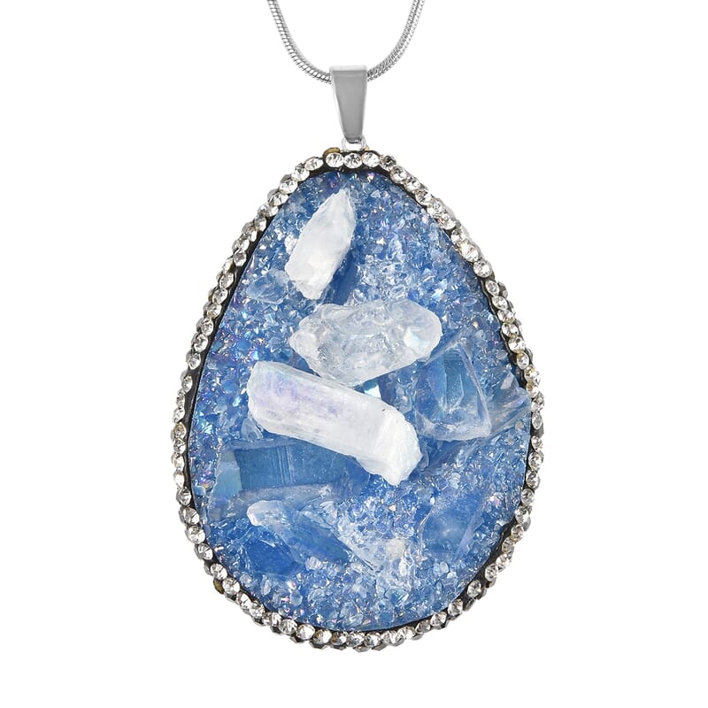 Blue Drusy Quartz, White and Hematite Color Crystal Pendant Necklace 20-22 Inches in Silvertone