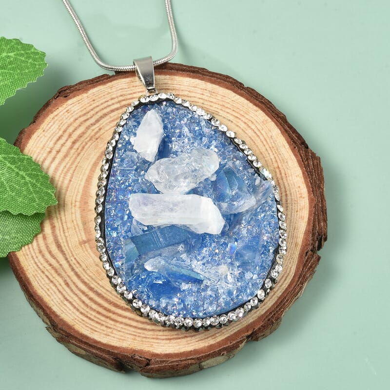 Blue Drusy Quartz, White and Hematite Color Crystal Pendant Necklace 20-22 Inches in Silvertone