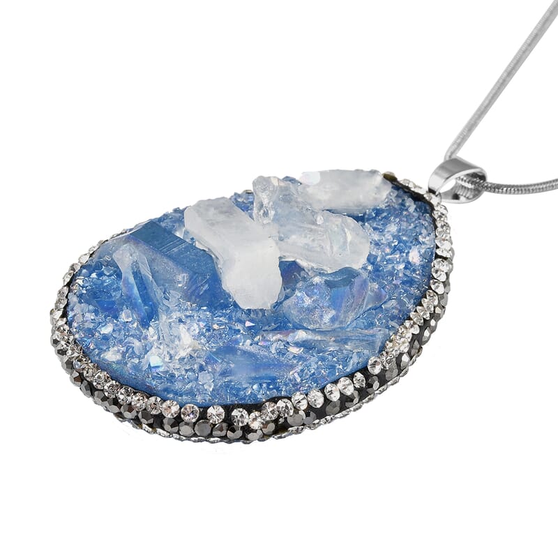 Blue Drusy Quartz, White and Hematite Color Crystal Pendant Necklace 20-22 Inches in Silvertone