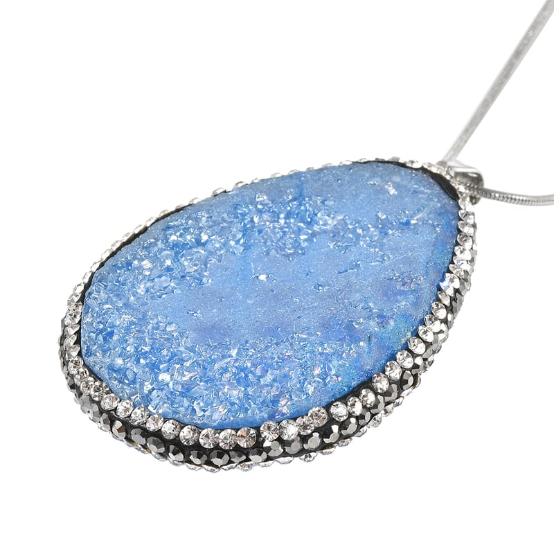 Blue Drusy Quartz, White and Hematite Color Crystal Pendant Necklace 20-22 Inches in Silvertone