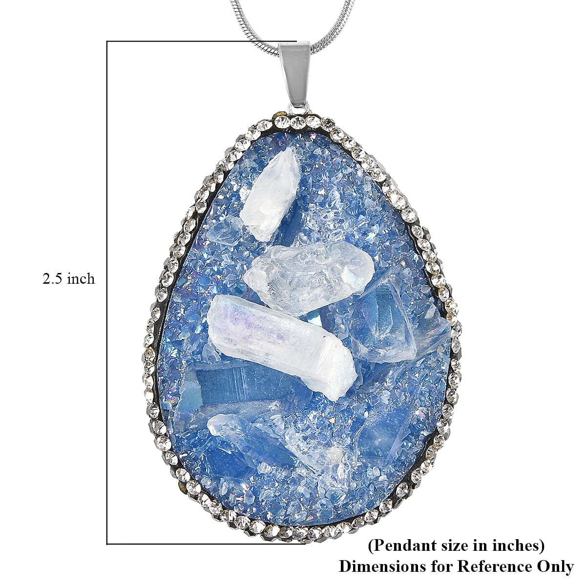 Blue Drusy Quartz, White and Hematite Color Crystal Pendant Necklace 20-22 Inches in Silvertone