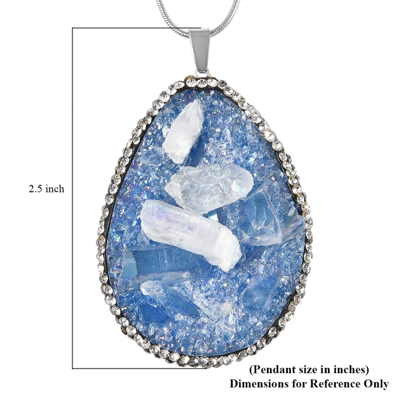Blue Drusy Quartz, White and Hematite Color Crystal Pendant Necklace 20-22 Inches in Silvertone