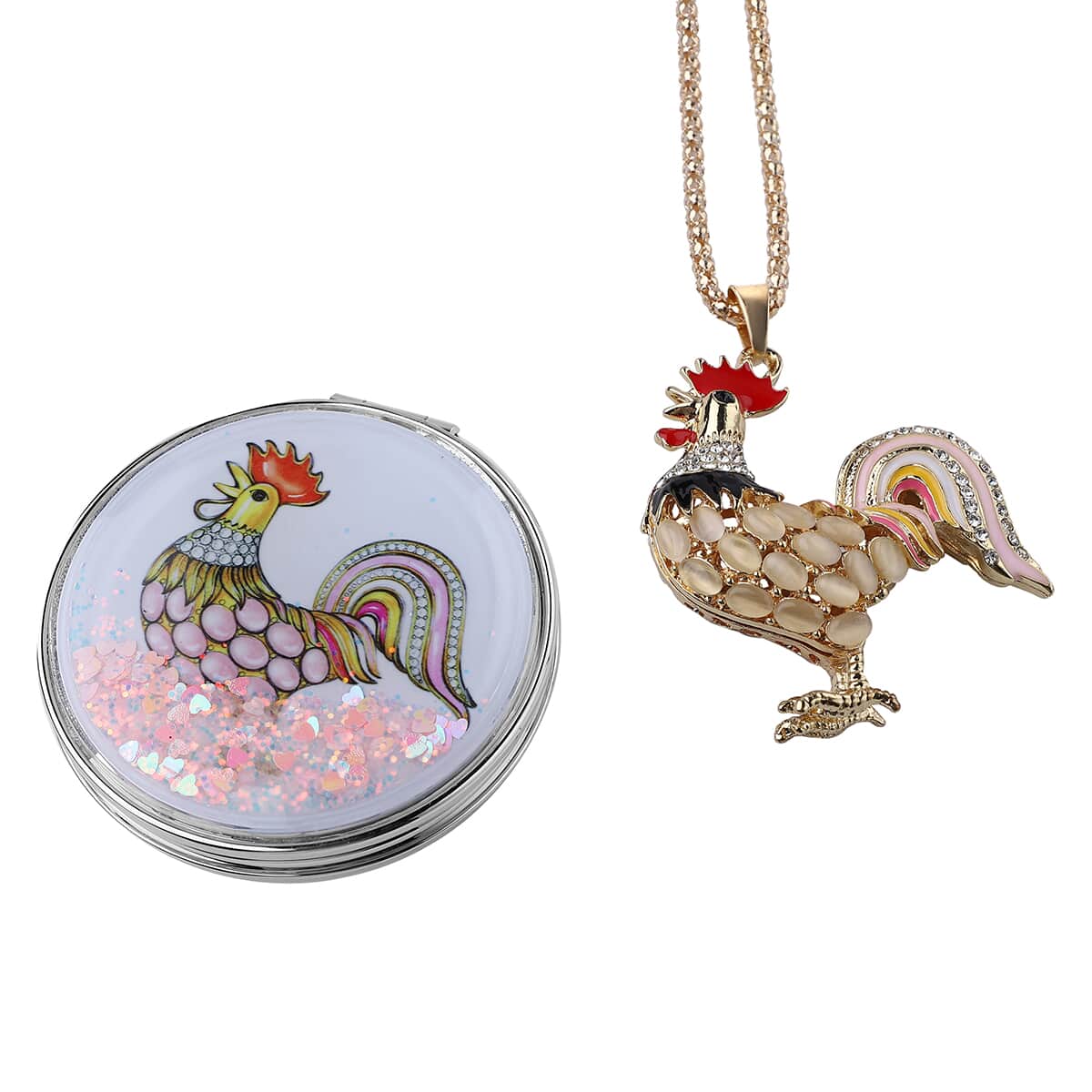 Lab Created White Cat's Eye and Austrian Crystal Enameled Cock Pendant Necklace 28-30 Inches in Dualtone with Compact Mirror image number 0
