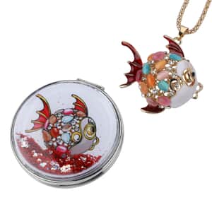 Lab Created White Cat's Eye and Multi Color Crystal Enameled Gold Fish Pendant Necklace 28-30 Inches in Dualtone with Compact Mirror