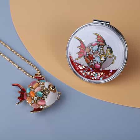 Lab Created White Cat's Eye and Multi Color Crystal Enameled Gold Fish Pendant Necklace 28-30 Inches in Dualtone with Compact Mirror image number 1