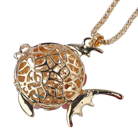 Lab Created White Cat's Eye and Multi Color Crystal Enameled Gold Fish Pendant Necklace 28-30 Inches in Dualtone with Compact Mirror image number 5
