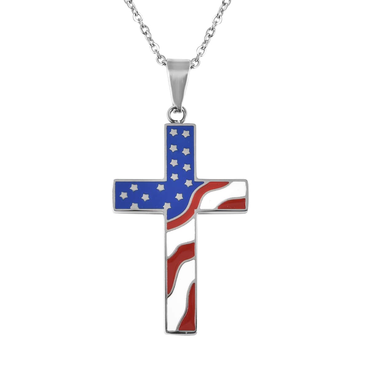 Enameled American National Flag Cross Pendant Necklace 24 Inches in Stainless Steel image number 0