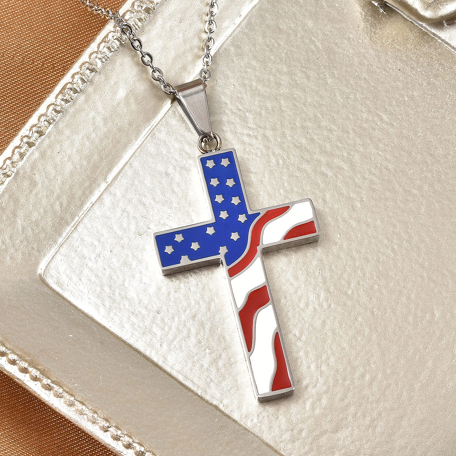 Enameled American National Flag Cross Pendant Necklace 24 Inches in Stainless Steel