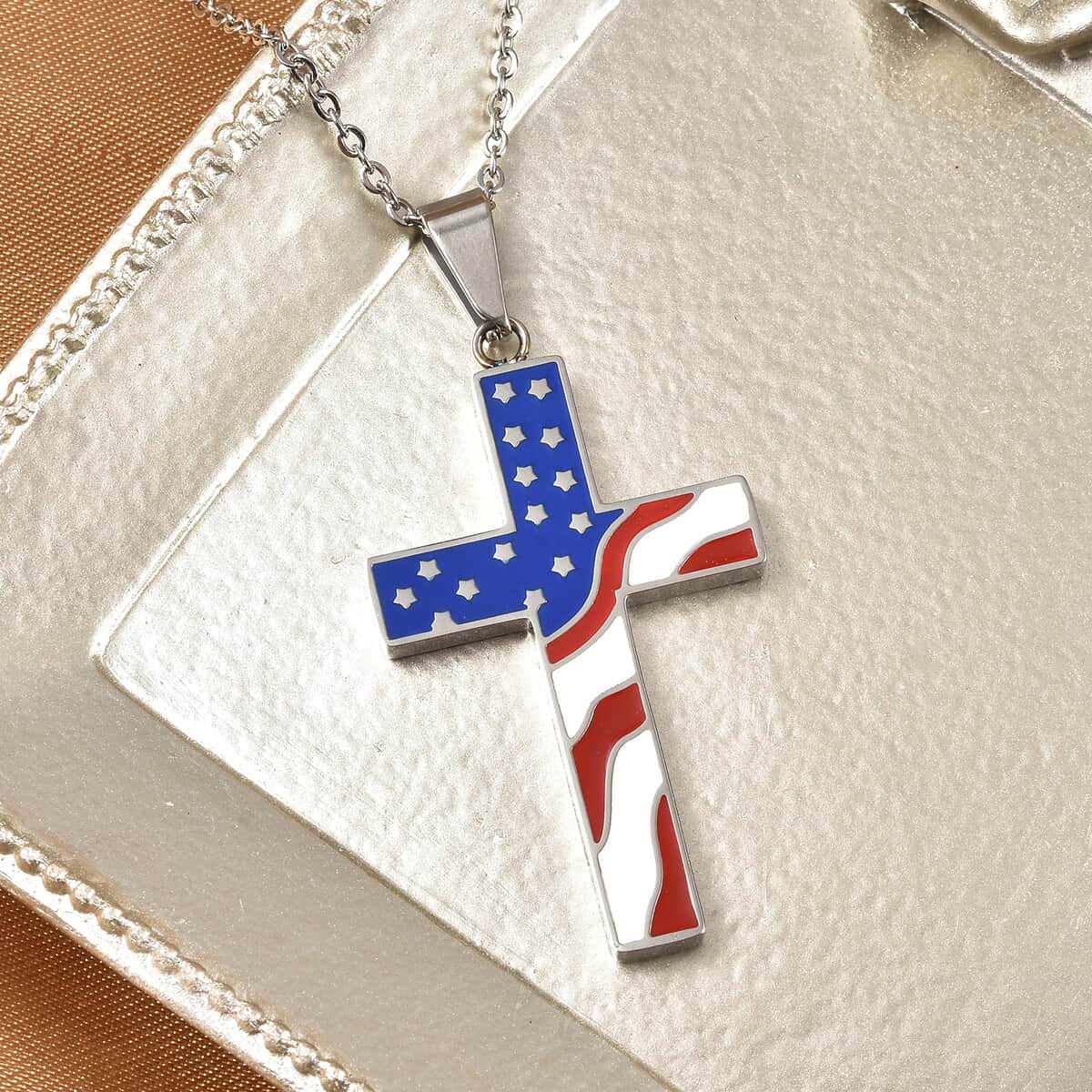 Enameled American National Flag Cross Pendant Necklace 24 Inches in Stainless Steel image number 1