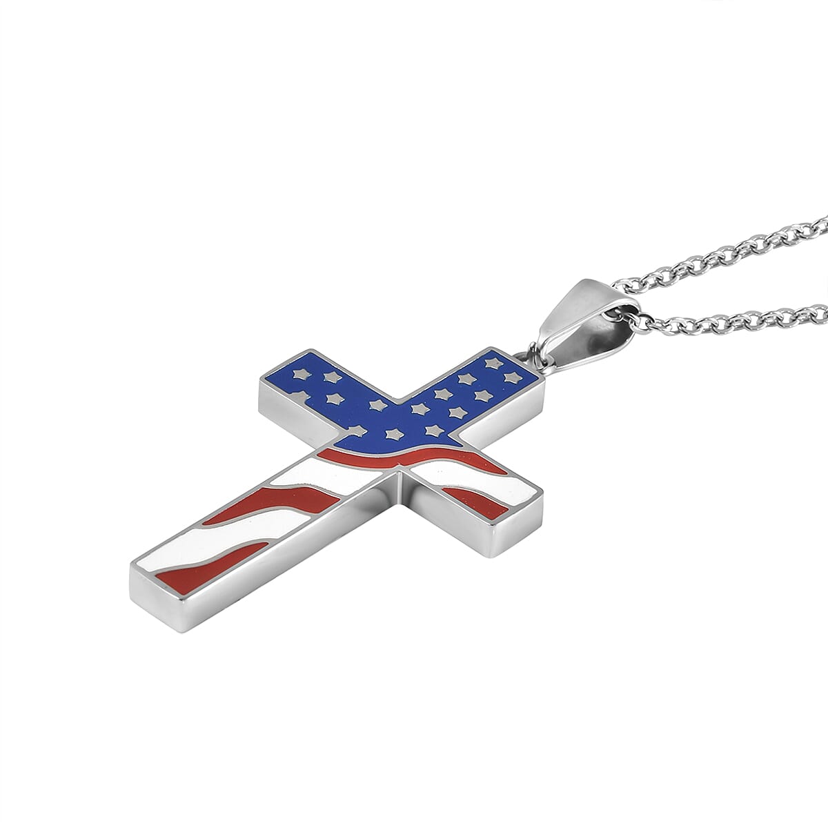 Enameled American National Flag Cross Pendant Necklace 24 Inches in Stainless Steel