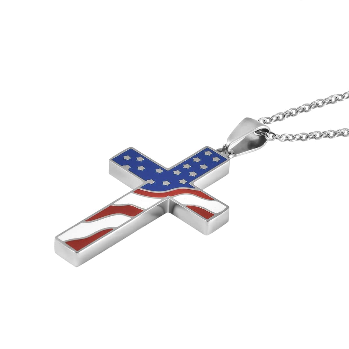 Enameled American National Flag Cross Pendant Necklace 24 Inches in Stainless Steel image number 3
