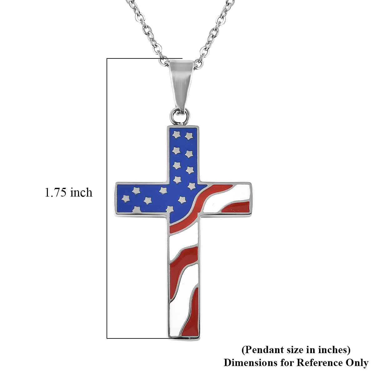 Enameled American National Flag Cross Pendant Necklace 24 Inches in Stainless Steel