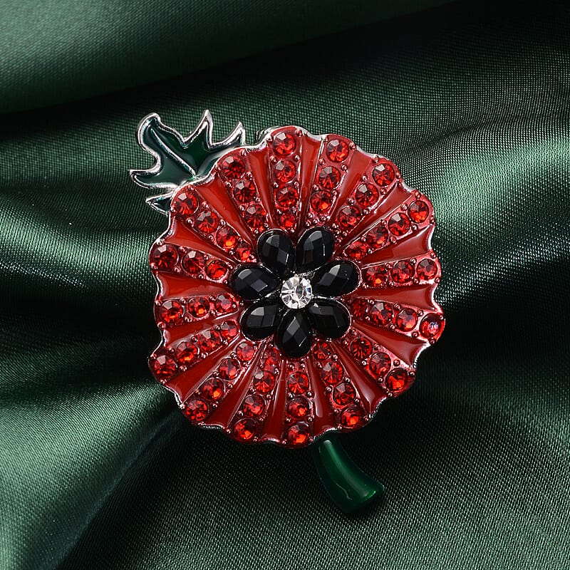 Black Resin and Red and White Austrian Crystal Enameled Poppy Design Brooch or Pendant Necklace 24 Inches in Silvertone