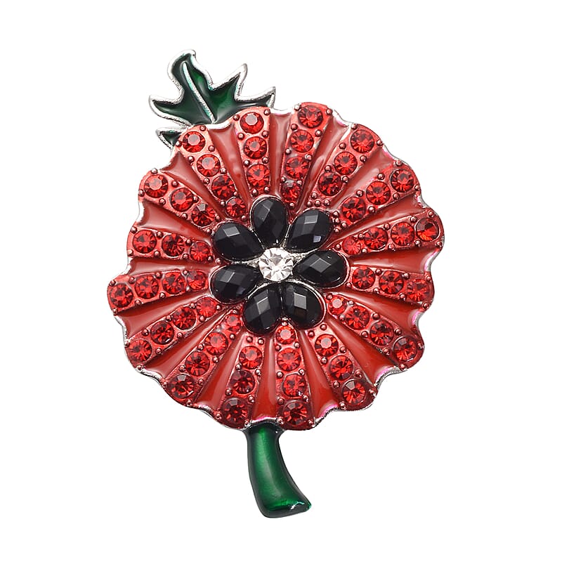 Black Resin and Red and White Austrian Crystal Enameled Poppy Design Brooch or Pendant Necklace 24 Inches in Silvertone