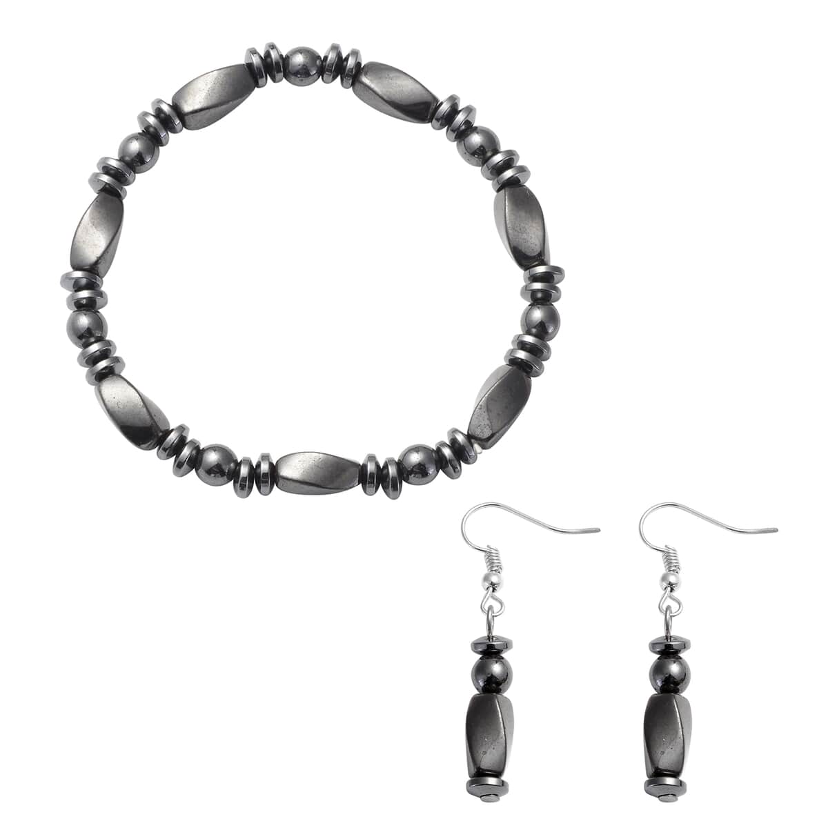 Magnetic By Design Magnetised Hematite Beaded Stretch Bracelet and Earrings in Stainless Steel 120.10 ctw image number 0