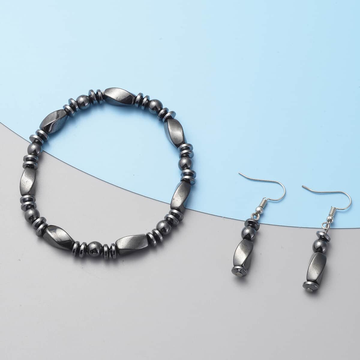 Magnetic By Design Magnetised Hematite Beaded Stretch Bracelet and Earrings in Stainless Steel 120.10 ctw image number 1