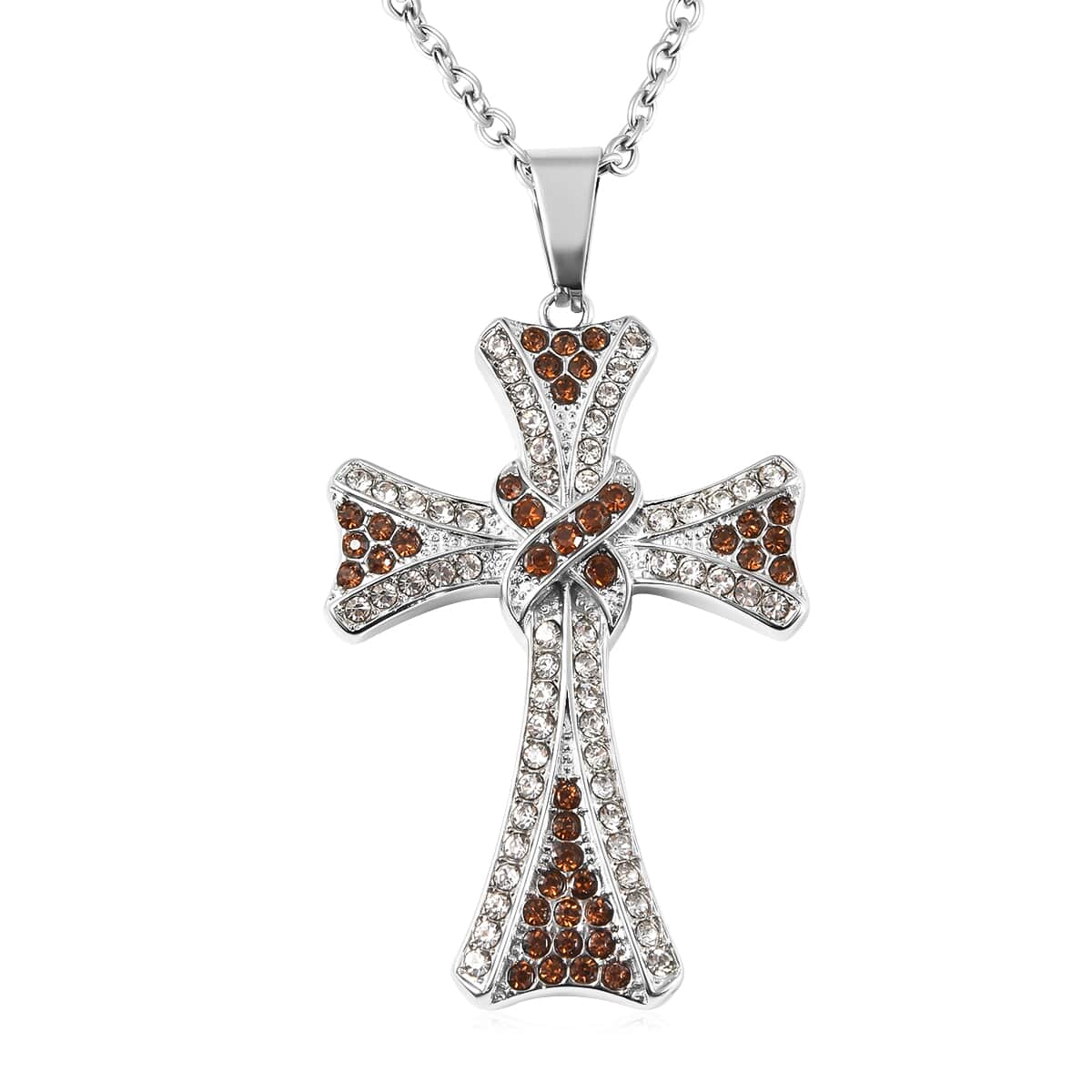 Brown & White Austrian Crystal Celtic Cross Pendant Necklace (20 Inches) in Stainless Steel 206.00 ctw image number 0