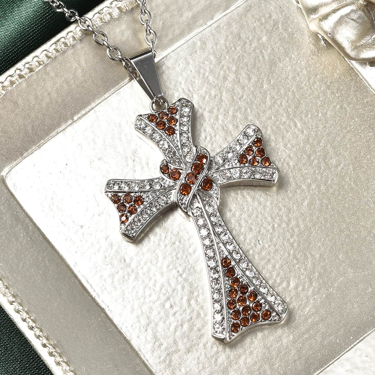 Brown & White Austrian Crystal Celtic Cross Pendant Necklace (20 Inches) in Stainless Steel 206.00 ctw image number 1