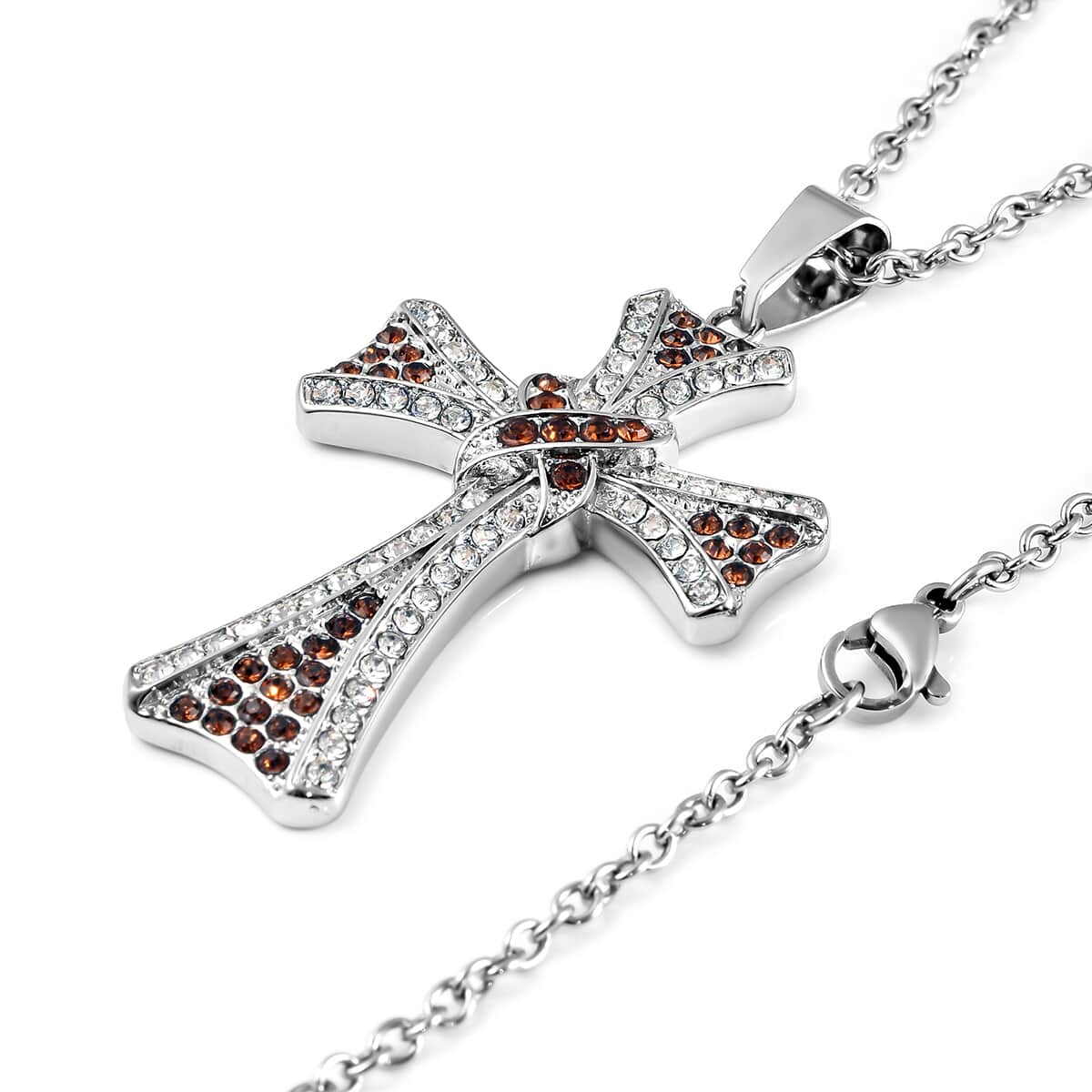 Brown & White Austrian Crystal Celtic Cross Pendant Necklace (20 Inches) in Stainless Steel 206.00 ctw image number 3