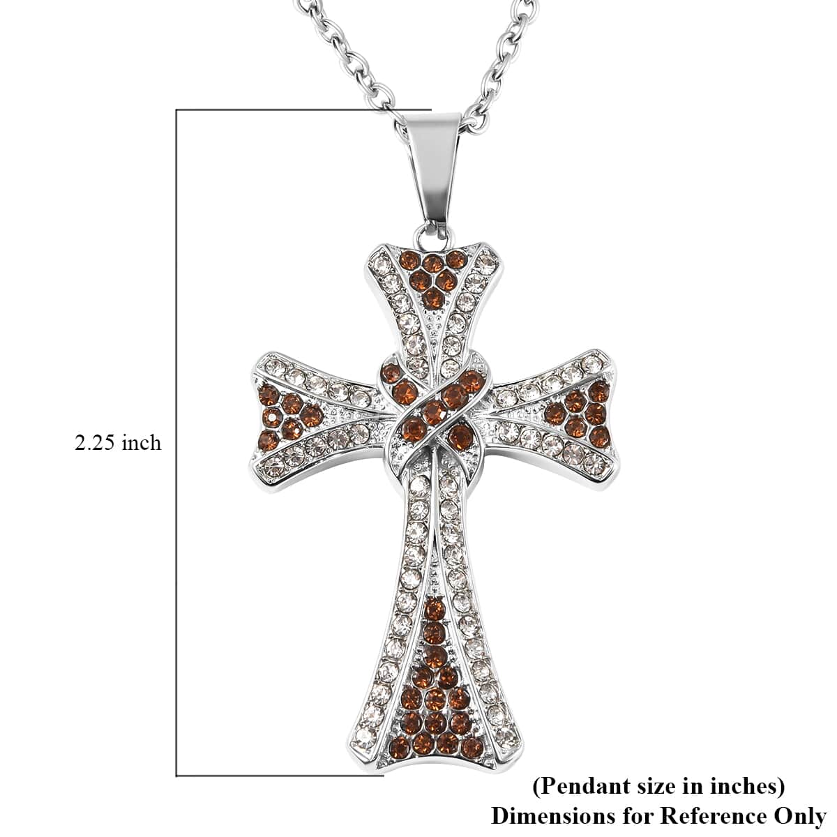 Brown & White Austrian Crystal Celtic Cross Pendant Necklace (20 Inches) in Stainless Steel 206.00 ctw image number 5