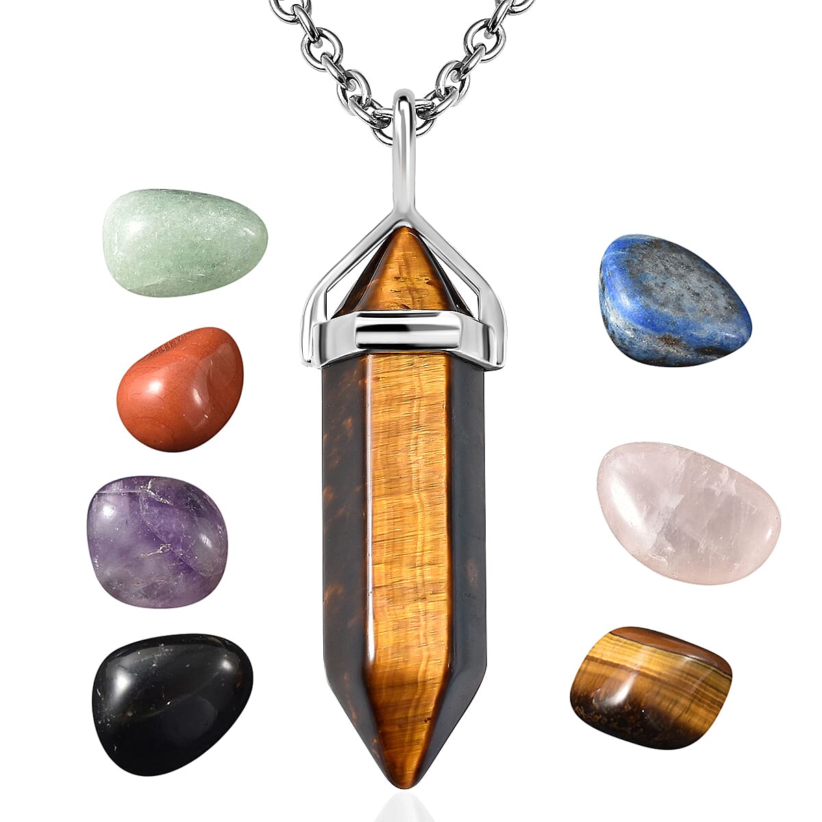 South African Tiger's Eye Pendant Necklace 20 Inches with 7 Chakra Tumbled Gemstones in Silvertone and Stainless Steel 307.50 ctw