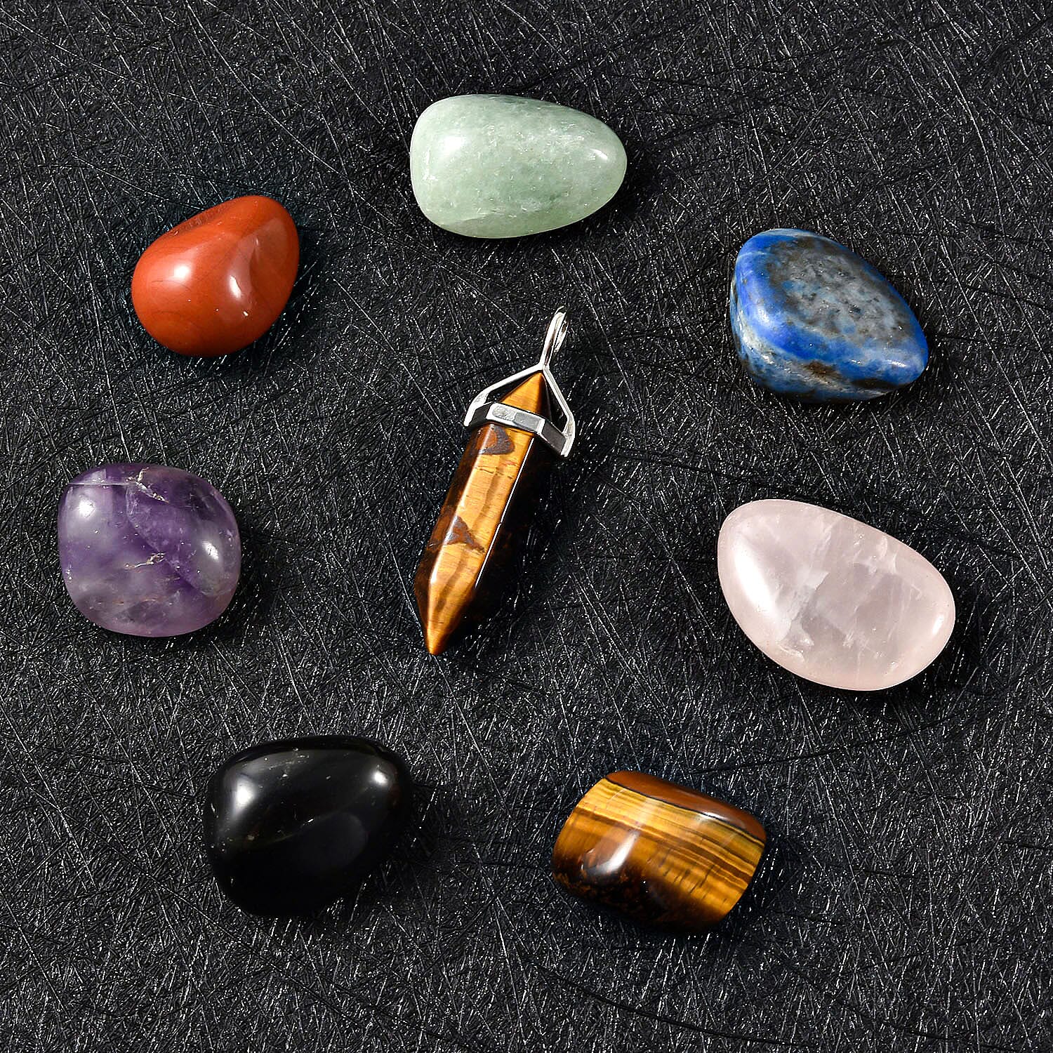 South African Tiger's Eye Pendant Necklace 20 Inches with 7 Chakra Tumbled Gemstones in Silvertone and Stainless Steel 307.50 ctw