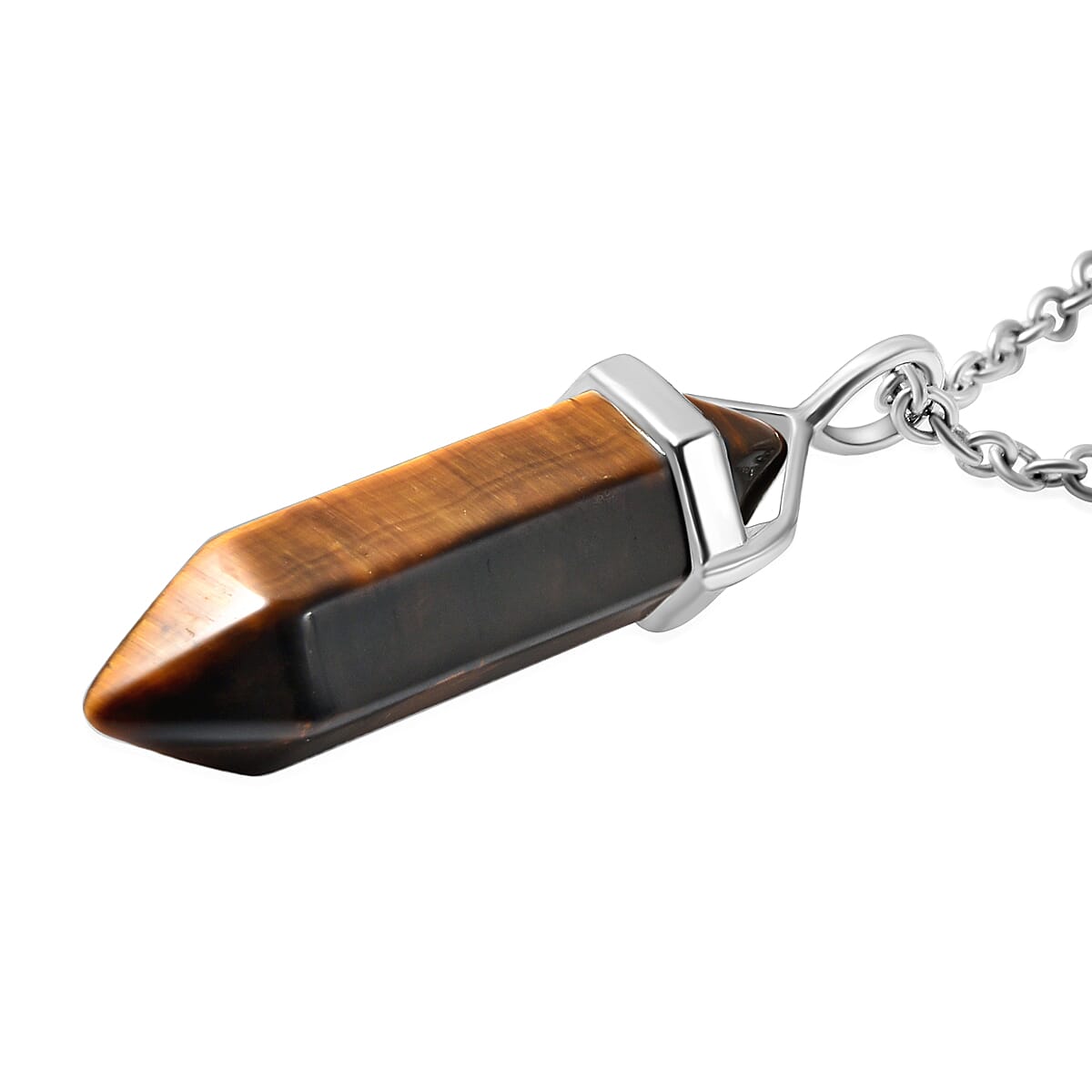 South African Tiger's Eye Pendant Necklace 20 Inches with 7 Chakra Tumbled Gemstones in Silvertone and Stainless Steel 307.50 ctw