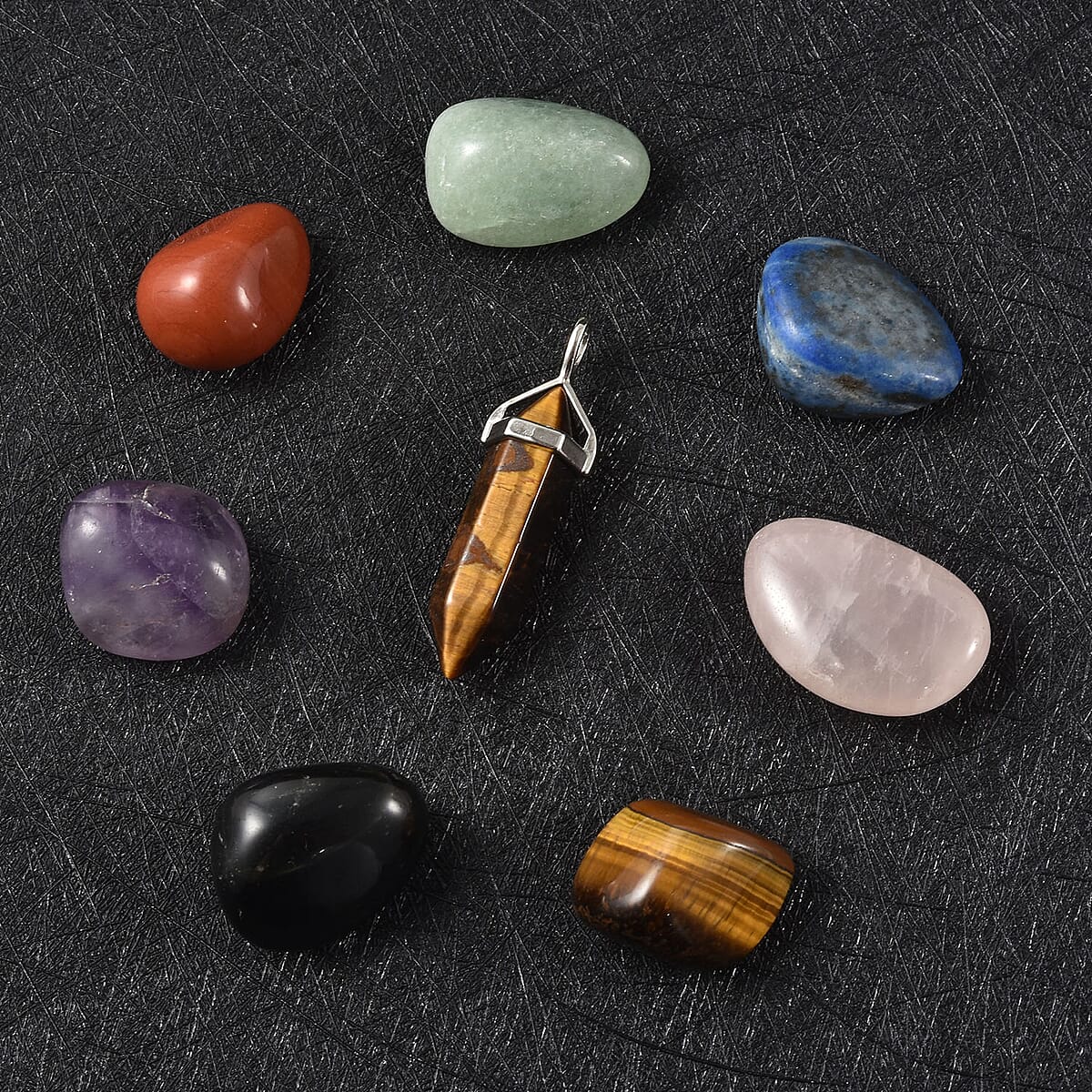 South African Tiger's Eye Pendant Necklace 20 Inches with 7 Chakra Tumbled Gemstones in Silvertone and Stainless Steel 307.50 ctw image number 1