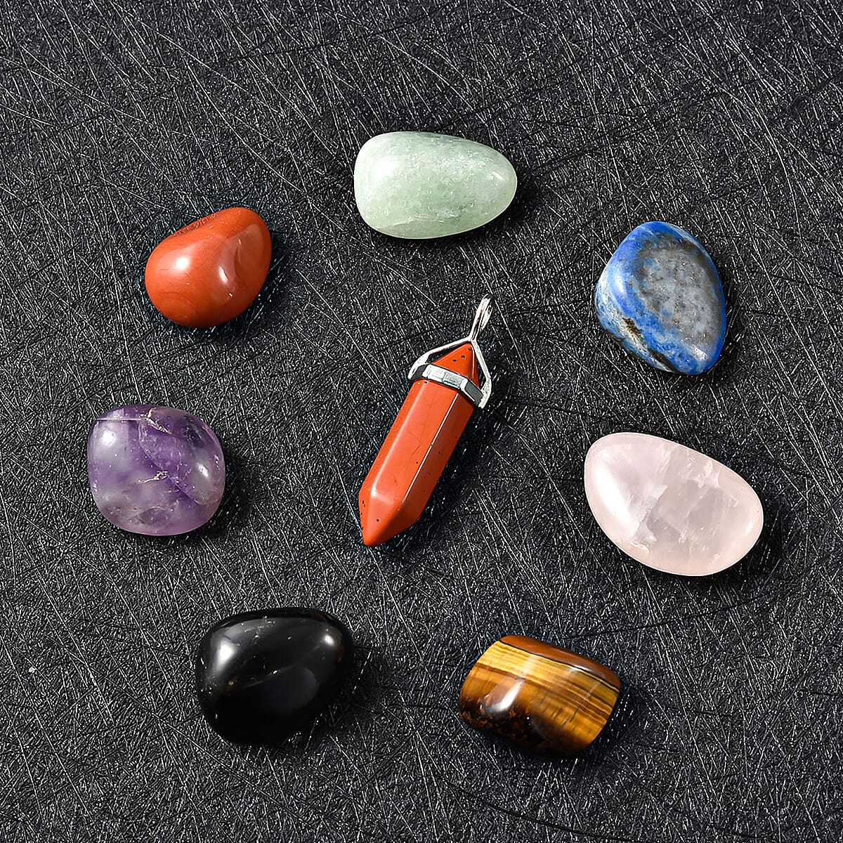Red Jasper Pendant with 7 Chakra Tumbled Gemstones in Silvertone with Stainless Steel Necklace 20 Inches 307.50 ctw image number 1