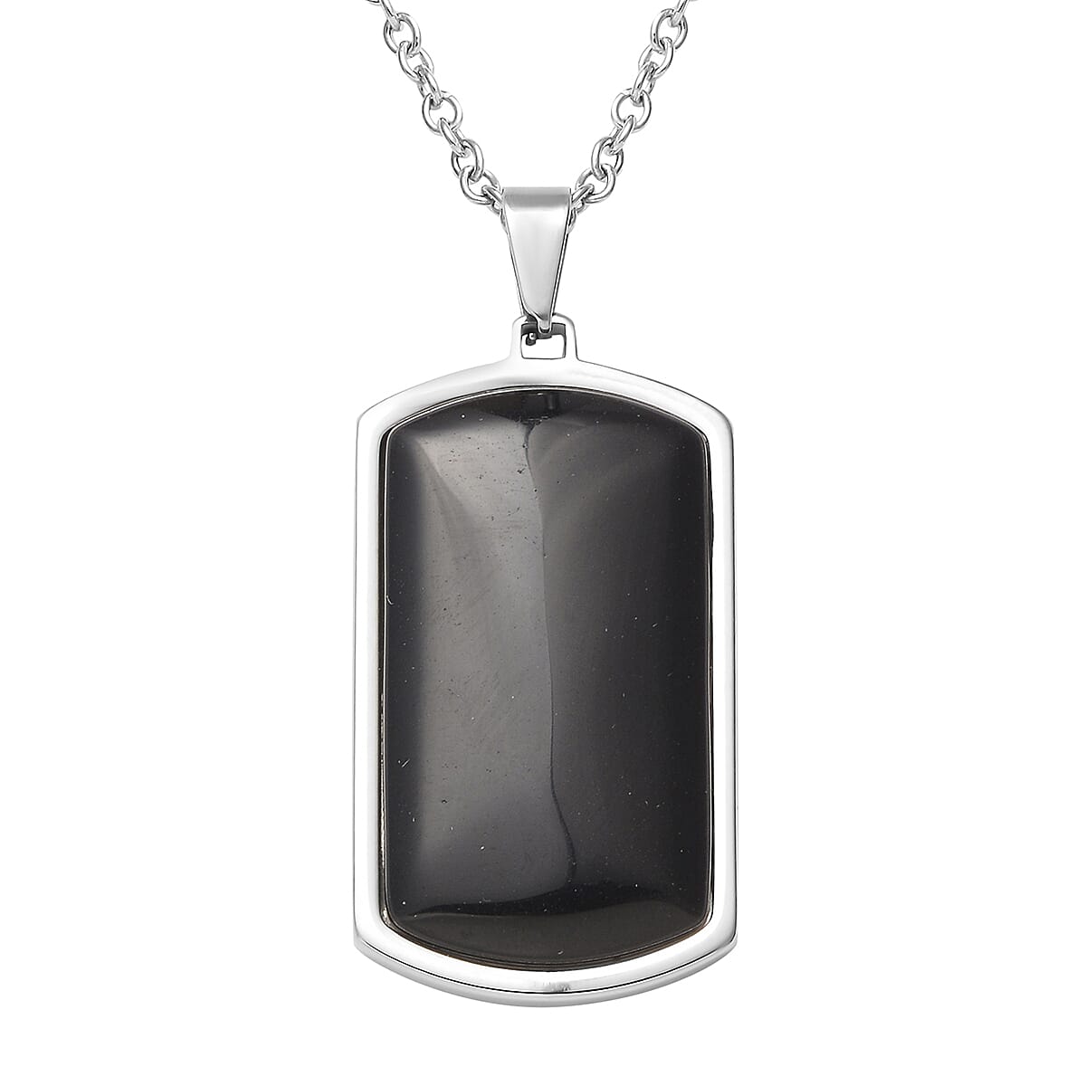 Black Agate Dog Tag Pendant Necklace 24 Inches in Stainless Steel 23.40 ctw
