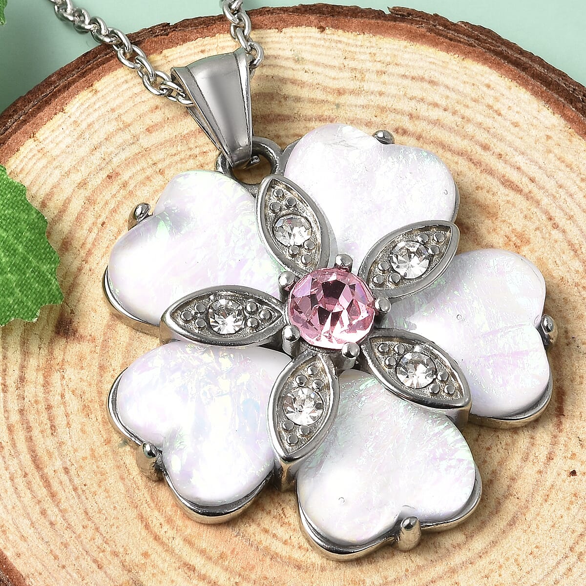 Lab Created Opal and White and Pink Austrian Crystal Flower Pendant Necklace 20 Inches in Stainless Steel image number 1