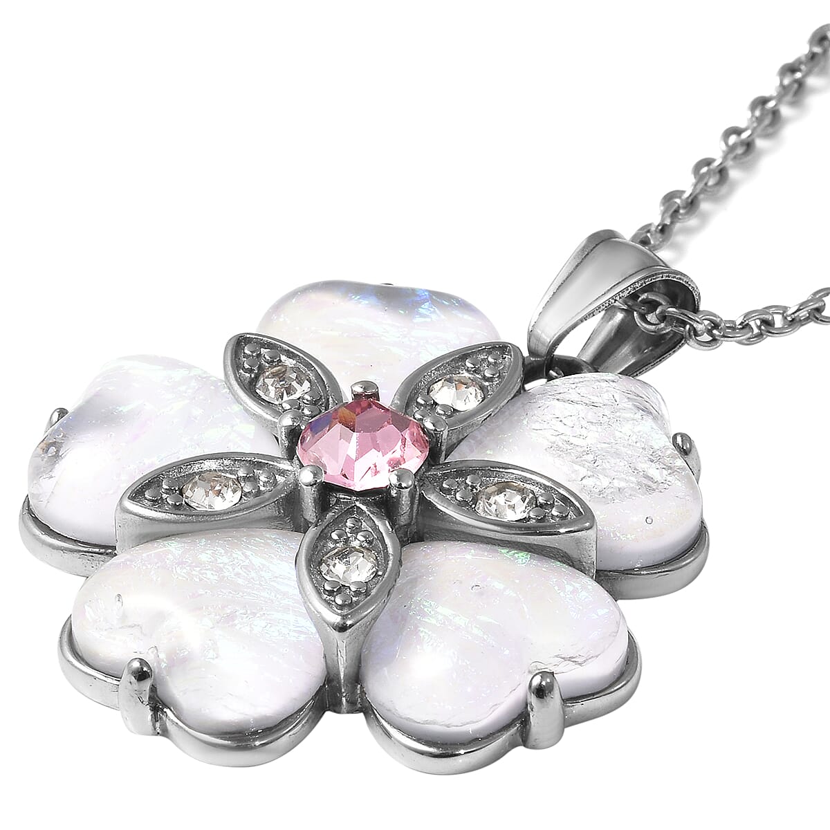 Lab Created Opal and White and Pink Austrian Crystal Flower Pendant Necklace 20 Inches in Stainless Steel image number 3