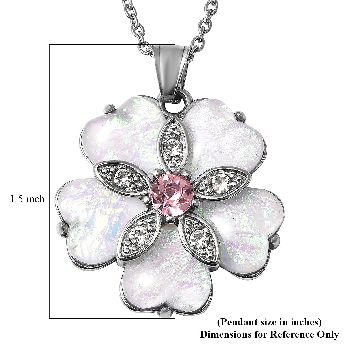 Lab Created Opal and White and Pink Austrian Crystal Flower Pendant Necklace 20 Inches in Stainless Steel image number 5