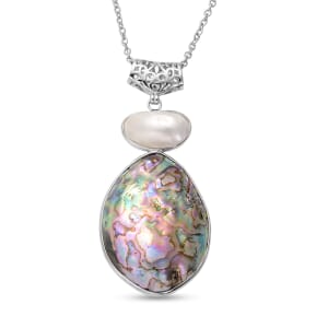 Abalone Shell and White Shell Pendant Necklace 20 Inches in Silvertone & Stainless Steel