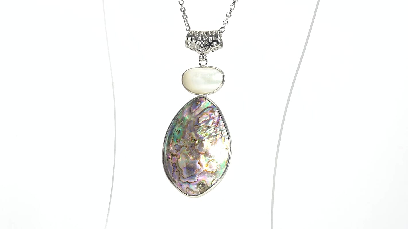 Abalone Shell and White Shell Pendant Necklace 20 Inches in Silvertone & Stainless Steel