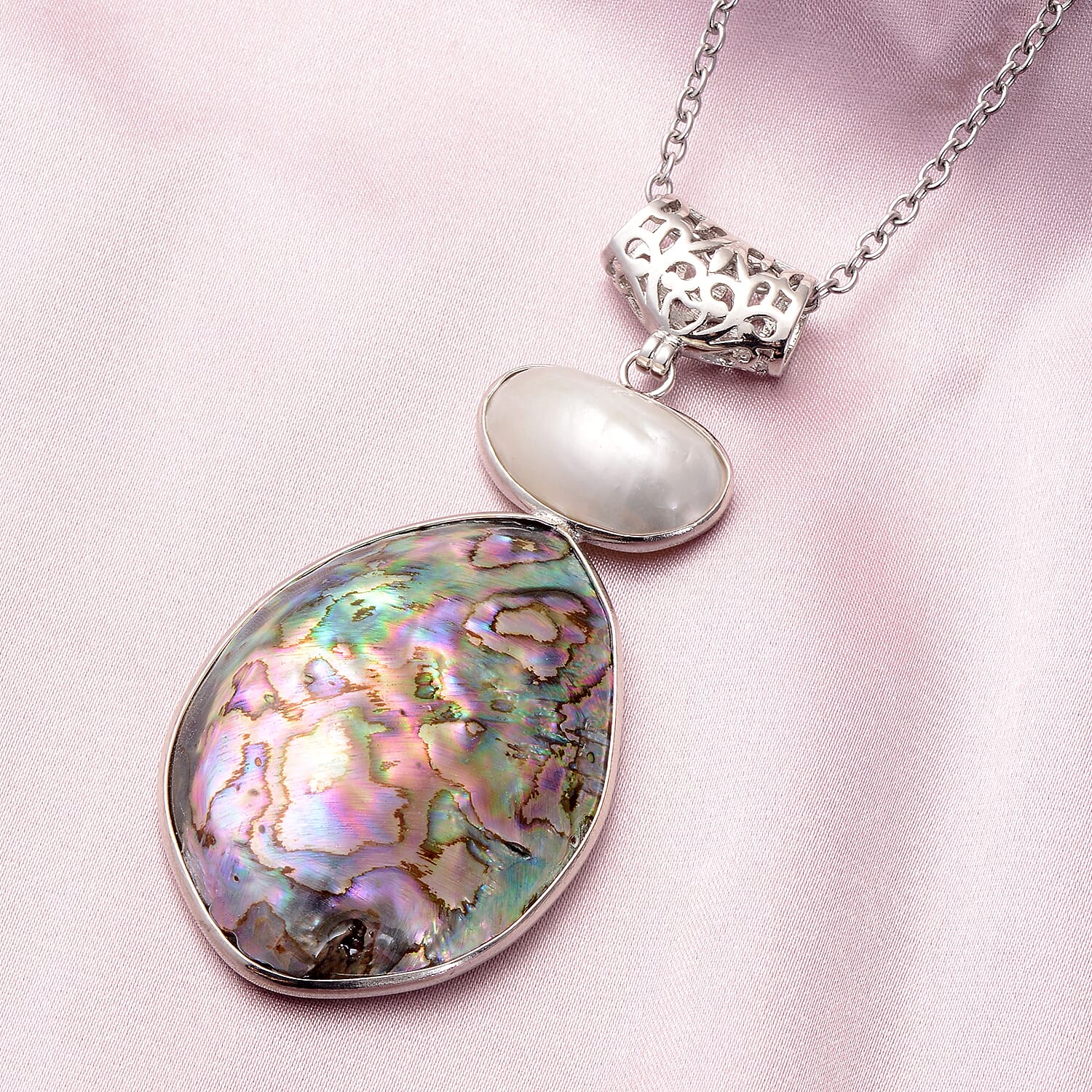 Abalone Shell and White Shell Pendant Necklace 20 Inches in Silvertone & Stainless Steel