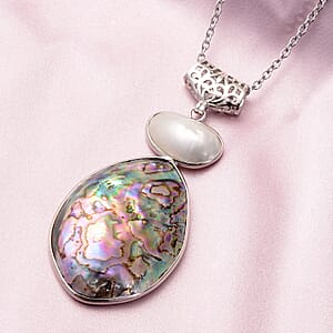 Abalone Shell and White Shell Pendant Necklace 20 Inches in Silvertone & Stainless Steel