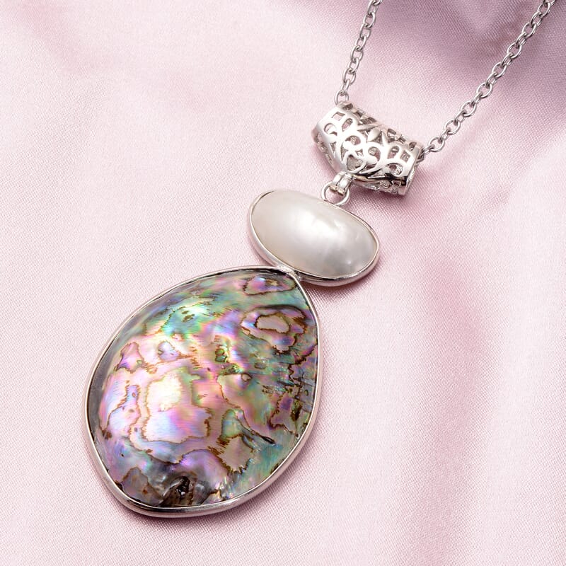Abalone Shell and White Shell Pendant Necklace 20 Inches in Silvertone & Stainless Steel