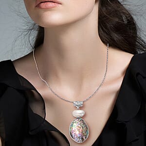 Abalone Shell and White Shell Pendant Necklace 20 Inches in Silvertone & Stainless Steel