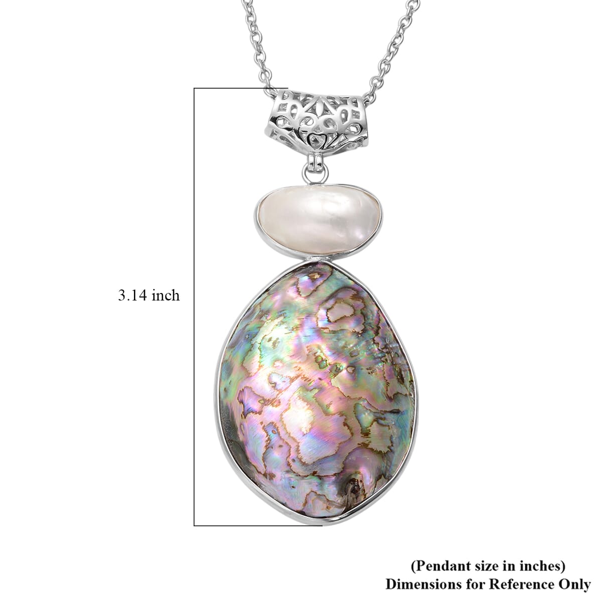 Abalone Shell and White Shell Pendant Necklace 20 Inches in Silvertone & Stainless Steel image number 4