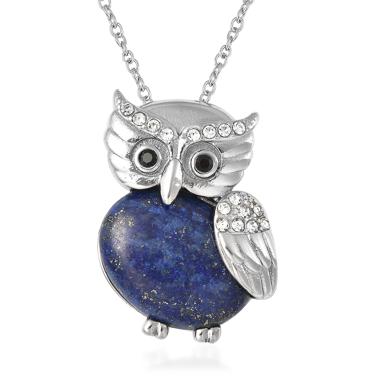 Lapis Lazuli, White and Black Austrian Crystal Owl Pendant Necklace 20 Inches in Stainless Steel 14.50 ctw