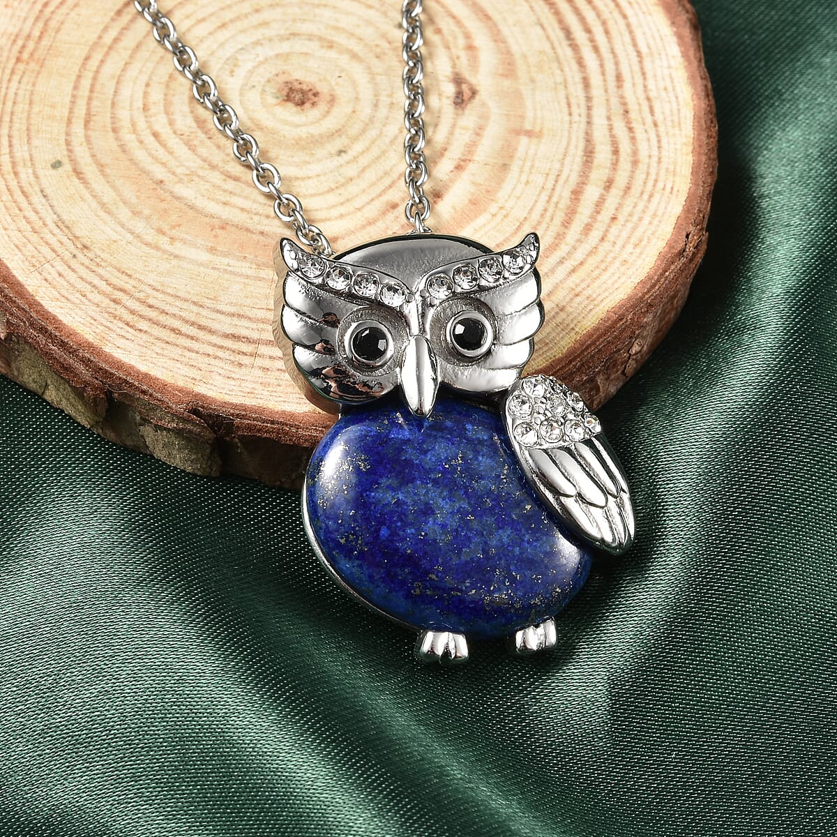 Lapis Lazuli, White and Black Austrian Crystal Owl Pendant Necklace 20 Inches in Stainless Steel 14.50 ctw image number 1