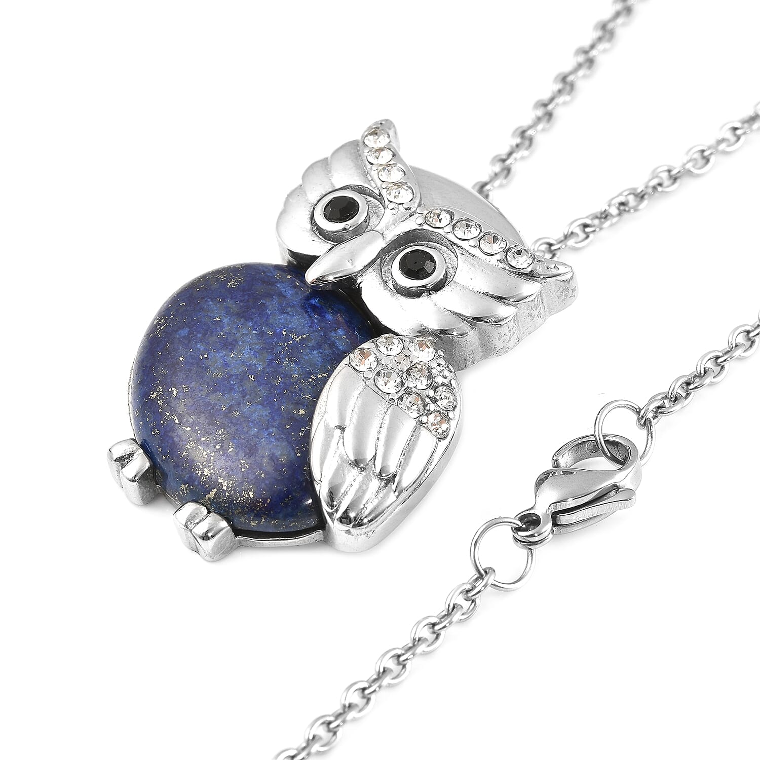 Lapis Lazuli, White and Black Austrian Crystal Owl Pendant Necklace 20 Inches in Stainless Steel 14.50 ctw