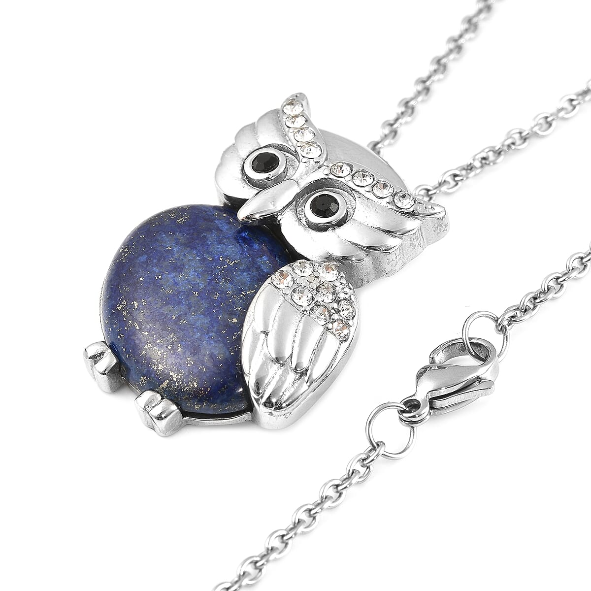 Lapis Lazuli, White and Black Austrian Crystal Owl Pendant Necklace 20 Inches in Stainless Steel 14.50 ctw image number 3