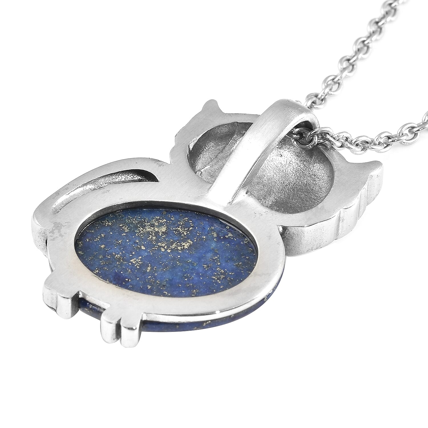 Lapis Lazuli, White and Black Austrian Crystal Owl Pendant Necklace 20 Inches in Stainless Steel 14.50 ctw