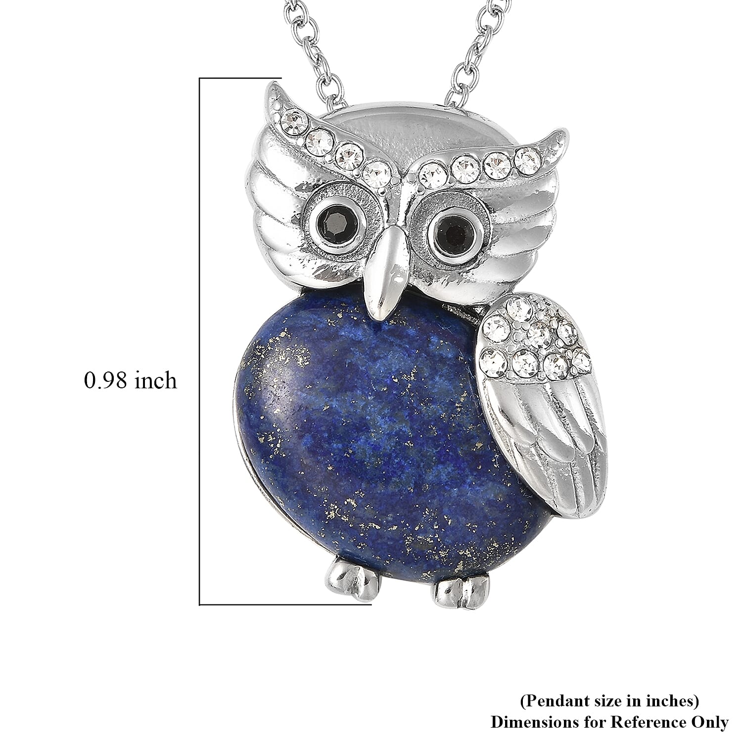 Lapis Lazuli, White and Black Austrian Crystal Owl Pendant Necklace 20 Inches in Stainless Steel 14.50 ctw
