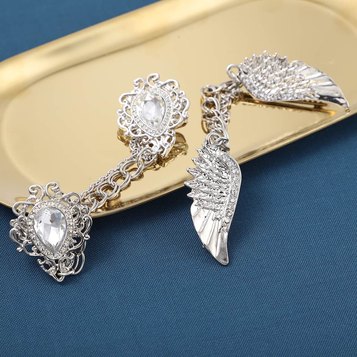 Set of 2 Austrian Crystal and White Glass Angel Wing & Victorian Style Shirt Ornament in Silvertone image number 1