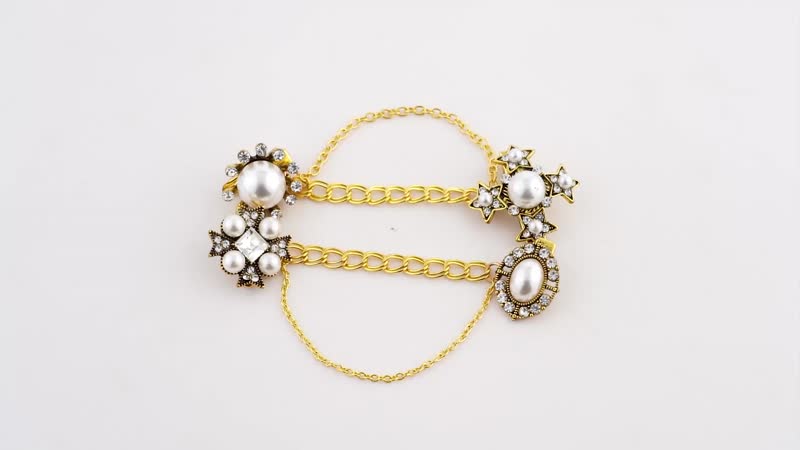 Set of 2 Austrian Crystal, White Glass and Simulated Pearl Celestial Theme & Its Grandeur Shirt Ornament or Brooch in Goldtone