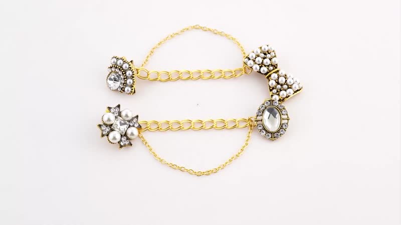Set of 2 Austrian Crystal, White Glass and Simulated Pearl Victorian Era & Its Grandeur Shirt Ornament or Brooch in Goldtone